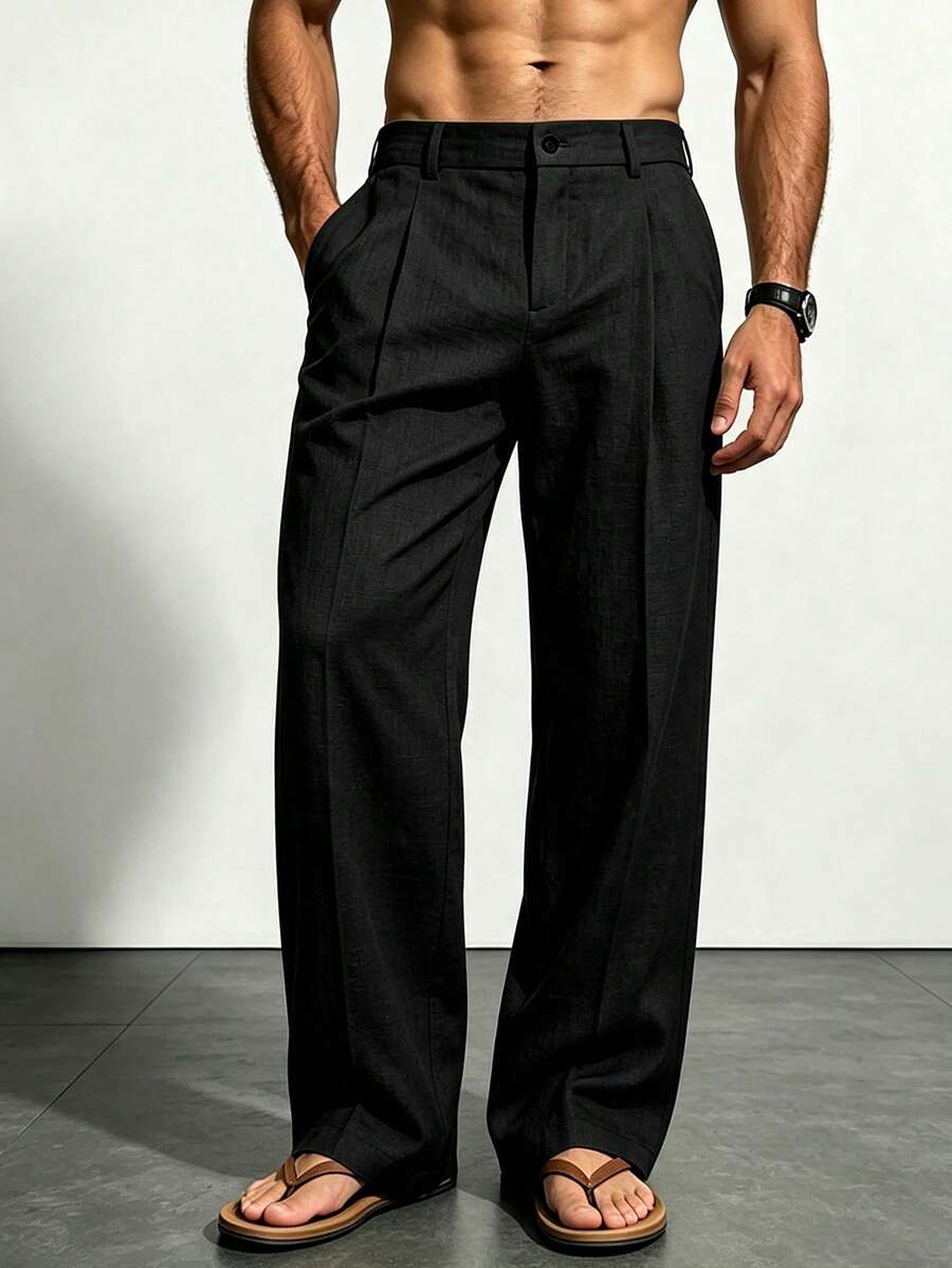Men's Solid Color Straight Leg Casual Pants With Pockets, Suitable For Daily Commute And Vacation - Black - View 1