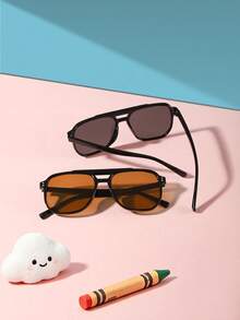 1 Set 2pcs 9-14 Years Old Kids Rivet Decor Double Bridge Aviator Style PC Frame Fashion Glasses, Suitable For Summer Outdoor Daily All-Season Wear, With Glasses Case - Multicolor - View 5