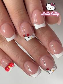 Sanrio Hello Kitty 24片正方形美甲貼片，法式穿戴甲，可愛Hello Kitty蝴蝶結與水鑽設計，完美貼合假指甲套組，含1片果凍膠與1片指甲锉，適合女孩日常、派對與聚會使用 - 彩色 - 查看 2