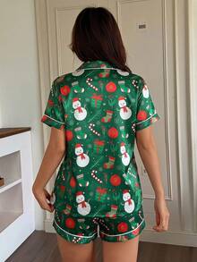 Christmas 2pcs Set Women's Satin Snowman Christmas Socks Pattern Short Sleeve Collared Top And Bow Shorts Pajama Set - Green - View 2