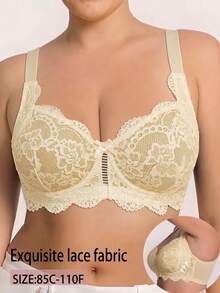 1pc Casual Comfortable Minimalist Plus Size Women's Bra With Lace Patchwork, Wire-Free Soft Comfortable Lingerie - Yellow - View 1