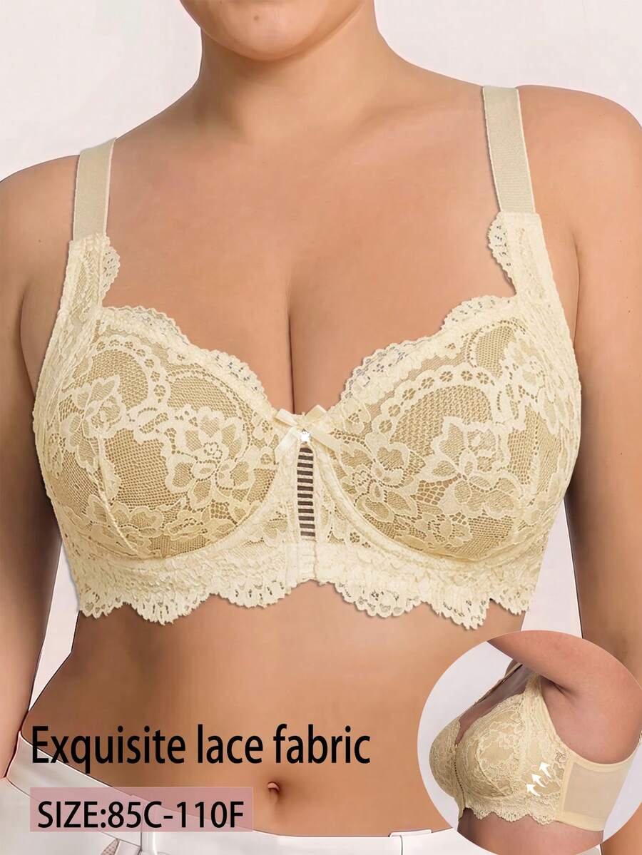 1pc Casual Comfortable Minimalist Plus Size Women's Bra With Lace Patchwork, Wire-Free Soft Comfortable Lingerie - Yellow - View 1
