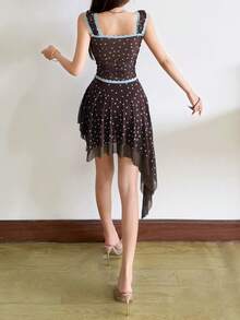 Top Dazzle Women's Bohemian Brown Polka Dot Skirt, Semi-Sheer Back Square Neck T-Shirt Dress, Fashionable Style - Coffee - View 8
