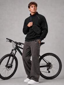 CZRLHYT Pullover Rajut Fleece Pria, Atasan Rajut Warna Polos, Pullover dengan Resleting Seperempat, Atasan Lengan Panjang - Hitam - View 2