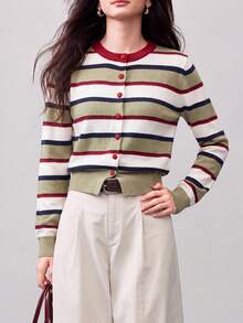 Women's Autumn/Winter Casual Minimalist Colorblock Striped Round Neck Cardigan Knit Sweater Jacket Fall - Multicolor - View 1