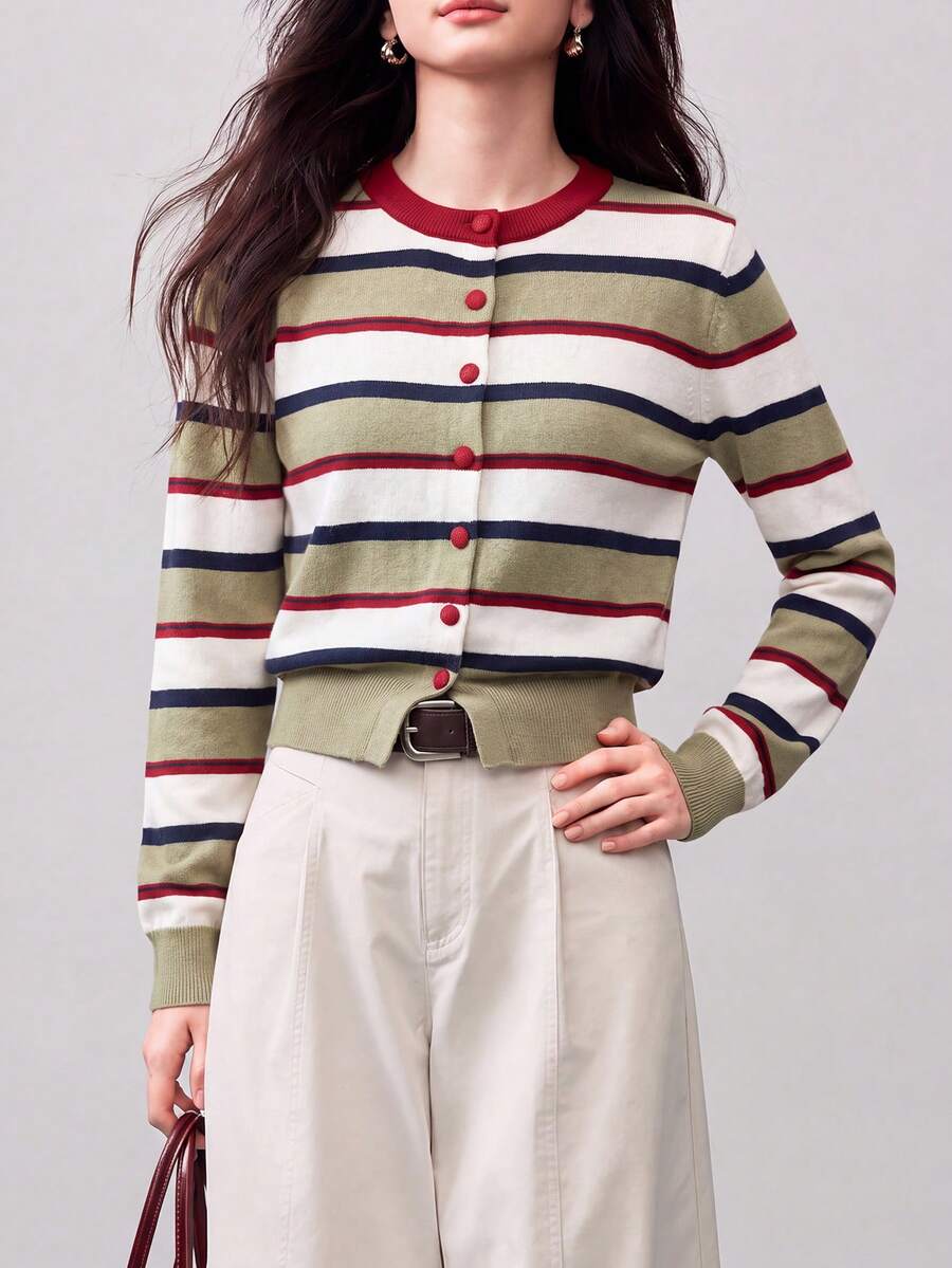 Women's Autumn/Winter Casual Minimalist Colorblock Striped Round Neck Cardigan Knit Sweater Jacket Fall - Multicolor - View 1