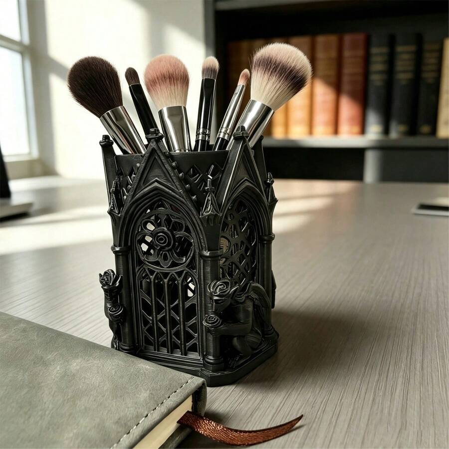 Gothic Architecture Style Makeup Brush Holder Desktop Storage Gothic Pen Holder Pen Holder 3D Printed - Multicolor - View 1