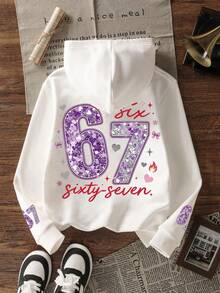 Tween Girl 1pc Thin 67 Print Sweatshirt Sweatshirt, Young Student Children's Clothing, Suitable For Kids' Autumn/Winter Tops - White - View 4