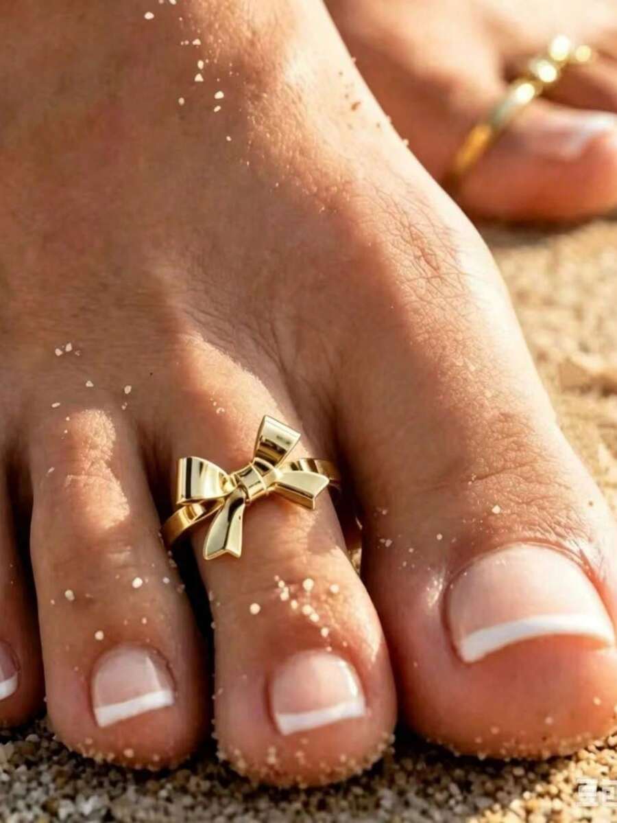 1件時尚優雅波希米亞風夏季海灘極簡蝴蝶結水鑽腳趾環,可調節開口式腳趾飾品配件,適合日常配戴、海灘度假、穿搭搭配 - 金黃色 - 查看 1