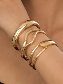 3pcs Luxury Exaggerated Geometric Hollow Design Gold Metal Smooth Open Bangle Bracelets, Jewelry Stacking Bracelets Suitable For Women, Daily, Party, Holiday, Thick Jewelry Gift - Gold - View 12