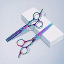 4pcs/Set Professional Hair Cutting Scissors Set - 4pcs Colorful Hair Clips + Professional Hair Shears Set, Salon Use Hairdressing Scissors, Flat Shears For Bangs, Thinning Scissors For Textured Hair, Multi-Functional Hair Styling Crocodile Clips For Hairstylists - Multicolor - View 5