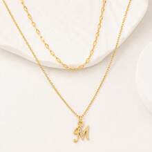 1pc New Classic Initial Pendant Gold Color Layered Chain Necklace For Women - Yellow Gold - View 3