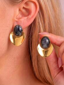 VJS 1 Pair Vintage French Style Resin Round Bead Stud Earrings, Color-Block Half-Circle Metal Patchwork Design, Women's Daily Commute, Date, Party Earrings - Resin Ball Stud Earrings - View 14
