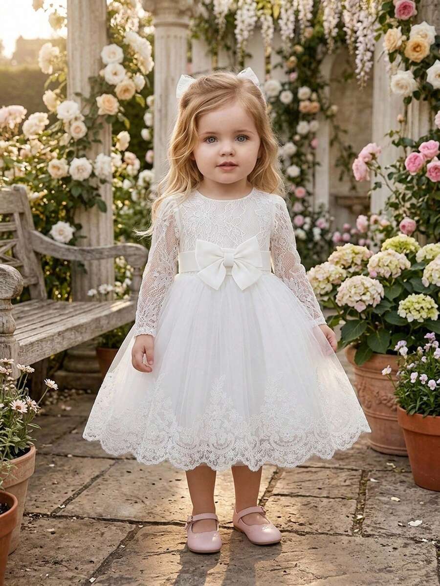Baby Girls Lace Long Sleeve Mesh Bow Gorgeous Princess Flower Girl Dress Suitable For Wedding Party, Headband Not Included - White - View 1