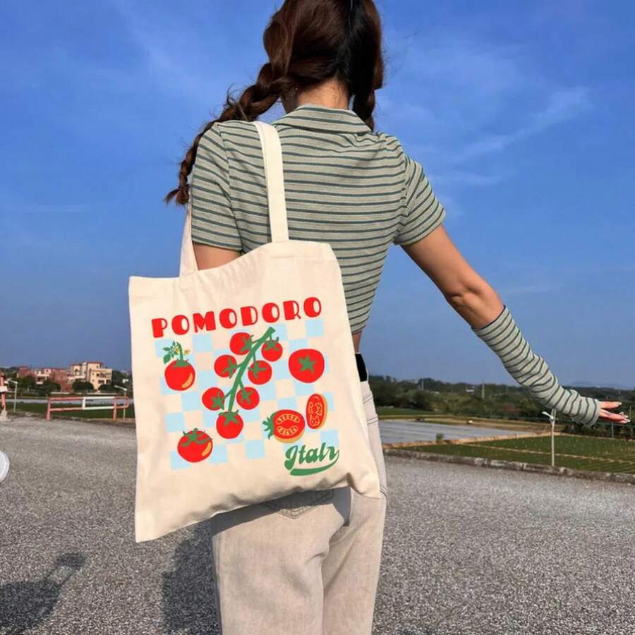 Bolso tote de una sola pieza, bolso de mano de gran capacidad, bolso de mano portátil, bolso de viaje, bolso de mano para exteriores, bolso tote con diseño de tomate, bolso tote estilo merca - Blanco roto - Ver 1