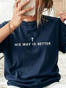 Jesus Shirt His Way Is Better Comfortable Christian Merch Simple Christian Faith Gift Clothing Casual Fall Outfits For Women Travel Short Sleeve Tops - 藏蓝色 - 查看 1