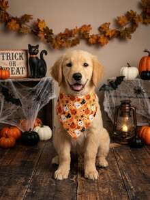 1pc Halloween Dog Bandana, Dog Halloween Costume, 68x48cm Neon Pumpkin And Bat Print Pet Triangle Scarf, Drool Bib, Made Of Soft Fabric, Perfect For Small Dogs, Medium Dogs And Cats Halloween Outfit, Happy Puppy Raising, Cat Accessories, Dog Supplies, 2026 Halloween Decoration - Multicolor - View 4