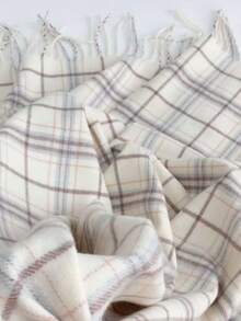1pc Women's Plaid Tassel Scarf, Autumn/Winter Shawl - Beige - View 3