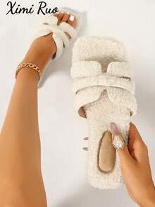 Ximi Ruo Women's Solid Color Flat Fuzzy Slippers, Casual Vacation Beach Home Slippers, Outdoor Wear, Autumn/Winter Warm Slippers, Simple Fashion Fuzzy Slippers, Slouchy Slip-On Women's Shoes, Soft Fuzzy Lining, Daily Commute Outfit, Indoor Home Outdoor Street Wear, Versatile Soft Lightweight Women's Slippers, Autumn/Winter Warm Gentle Style Women's Slippers, Comfortable Flat Casual Travel Outfit Shoes, Slouchy Home Outdoor Dual-Use Fleece Slippers - Beige - View 8