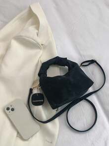 百搭純色新月形手提包，時尚可拆卸肩帶單肩斜挎包，優雅餃子包兼手機包，極簡通勤旅行腋下包，女款日常用小拉鍊法棍包 - 黑色 - 查看 3