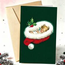 1 Greeting Card + 1 Envelope Adorable Christmas Greeting Card, Sleeping Figure In Hat With Holly Text Season Greetings, Perfect For Friends, Winter Holiday Vintage Style Card. - Yellow Envelope - View 11