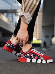 Men's Fashionable Versatile Low-Top Lace-Up Sneakers, Geometric Pattern Red Couple Walking Shoes, All-Over Graffiti Print Casual Comfortable Skate Shoes - Black and Red - View 10