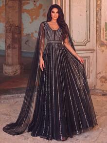 Premium Luxury Rhinestone Embellished Deep V-Neck Extra Long Sleeve Formal Gown & Evening Dress & Embellished Dress - Black - View 5