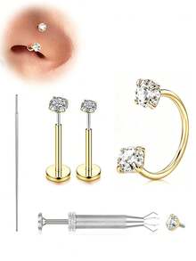 AVYRING 5Pcs Horseshoe Nose Ring 20g Flat Back Nose Studs Gold Silver Hypoallergenic Earrings For Tragus Helix Cartilage Lip Septum Piercing Jewelry - Multicolor - View 7
