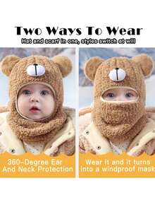 Baby Hat Scarf One-Piece Autumn/Winter Infant Hooded Hat Unisex Ear Protection Mask Pullover Hat - Multicolor - View 2