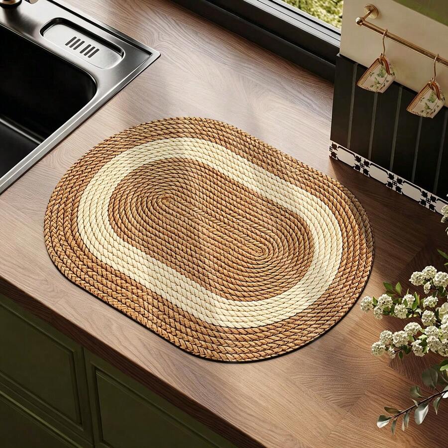Kitchen Draining Mat, Home Dining Table Mat, Absorbent Mat, Countertop Dish Mat, Bowl & Plate Drying Mat, Coffee Mat, 3.6mm Thickness - Coffee-colored Woven - View 1