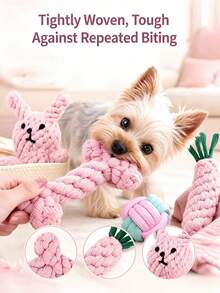 Pink Cotton Rope Dog Chew Toy Set, Durable Bite-Resistant Teething Toys, Interactive Knotted Rope Bone Rabbit Carrot Ball Toys, Suitable For Small And Medium Puppies Teeth Cleaning - Multicolor - View 3