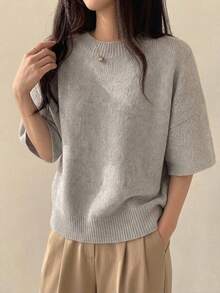 Light Gray Round Neck Short Sleeve Knit Sweater For Women, Loose Drop Shoulder Soft Short Sweater, Spring Summer Versatile Layering All-Match Inner Top - Light Grey - View 2