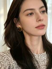 1 Pasang Anting Tusuk Geometris Minimalis Vintage dengan Batu Mata Harimau Cokelat, Cocok untuk Dipakai Wanita Saat Berpergian Sehari-hari - emas + coklat - View 3