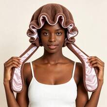 Cute Rabbit Ear Sleep Cap, Plush Fleece Satin Lining Night Hair Bonnet, Adjustable Tie Hair Protection Cap, Suitable For Home Nighttime Sleep - A - View 5