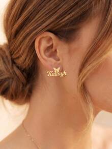 Personalized Name Butterfly Stainless Steel Gold-Plated Custom Name Earrings, Customized Jewelry, Elegant Party Gift For Her - Multicolor - View 4