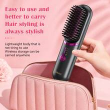 Hatteker 1pc USB Rechargeable Straightening Brush, 3 Temperature Settings, Travel Portable Volumizing Hair Root Hot Air Brush, Wireless Straight & Curl Dual Use Negative Ion Comb - Multicolor - View 8