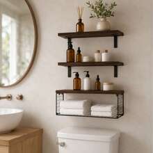 1 Set Over The Toilet Bathroom Storage Rack, Wall-Mounted Floating Shelf, Toilet Paper Holder, Farmhouse Style Decorative Shelf, 16 Inch, 3 Pieces, Brown - Multicolor - View 2