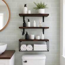 1 Set Over The Toilet Bathroom Storage Rack, Wall-Mounted Floating Shelf, Toilet Paper Holder, Farmhouse Style Decorative Shelf, 16 Inch, 3 Pieces, Brown - Multicolor - View 4