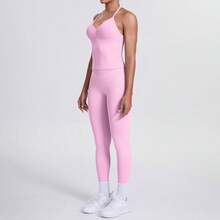 2pcs Women's Fitness Workout Set, Seamless Yoga Halter Top, High Waist Butt-Flattering Leggings, Gym Training Sportswear Pink - Pink - View 7