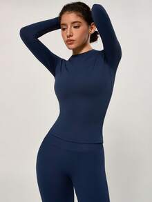 NcmRyu One Set Women's Round Neck Fitted Soft Long Sleeve High Waist Comfortable Flared Leggings Gym Training Running Aerobics Yoga Pilates Workout Set - Blue - View 6