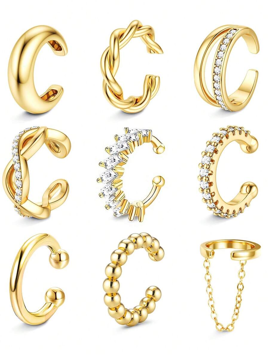 9pcs Fashion Minimalist Elegant Cubic Zirconia Tassel Chain Ear Clips Earrings Set For Women, Suitable For Vacation, Date, Party, Ball, Banquet, Holiday, Birthday Gift, Daily Wear - Yellow Gold - View 1