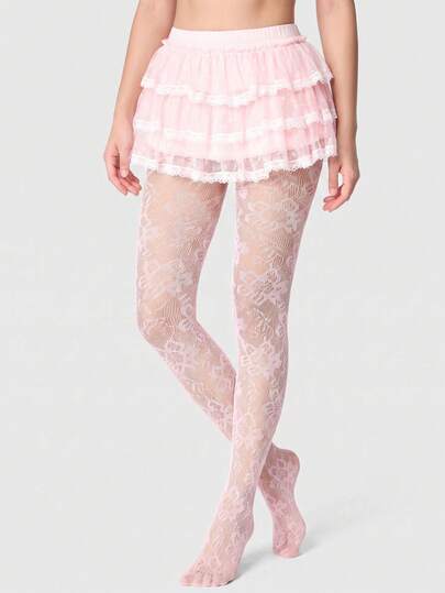 1 Pair Pink Floral Lace Fishnet Pantyhose, Retro Cute Style. Elastic Thin Stockings For Party, Y2K & Looks.