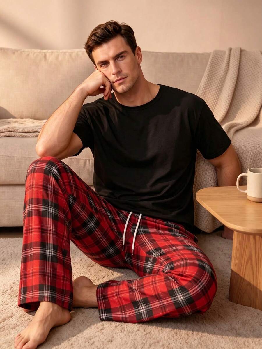 Men's Summer Crew Neck Casual T-Shirt And Casual Long Pants Loungewear Set - Black - View 1