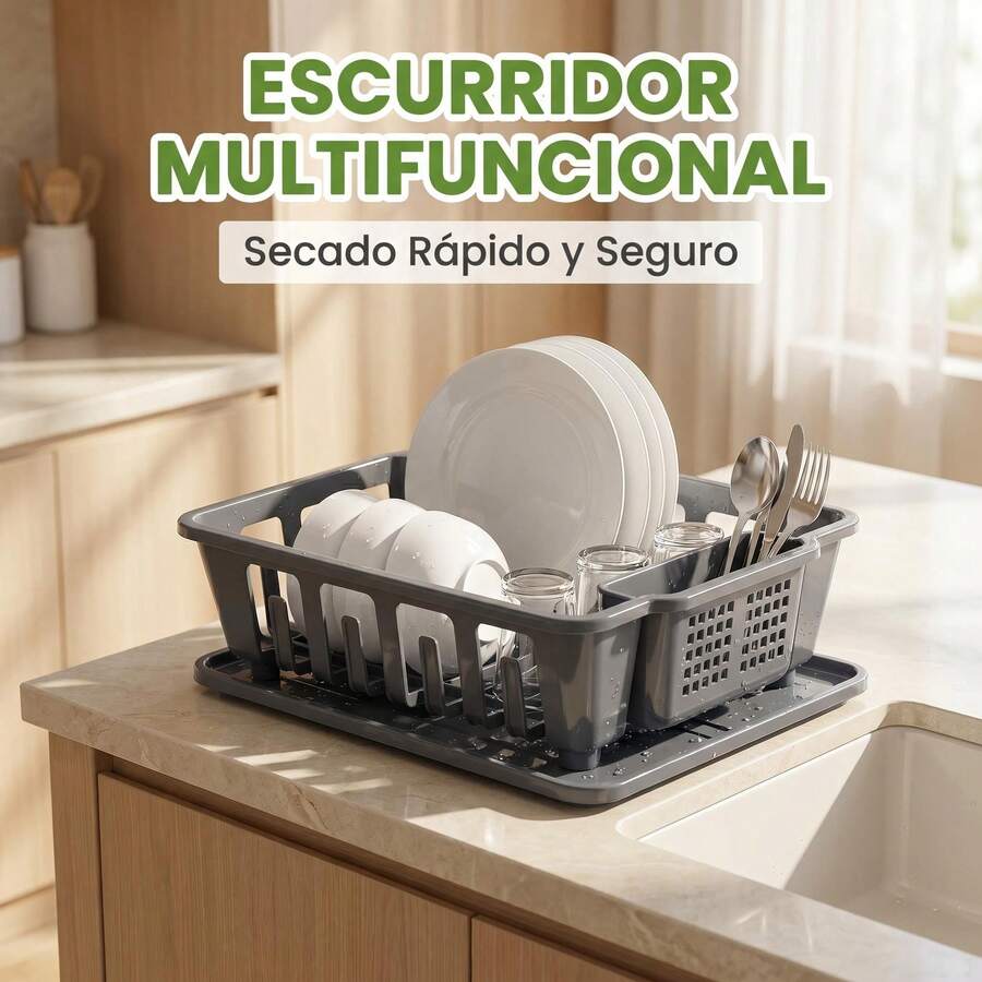 Escurridor de Vajilla Multifuncional FICZOY, Organizador de Platos y Cubiertos con Bandeja de Drenaje, 3 Tonos de Color para Encimera de Cocina