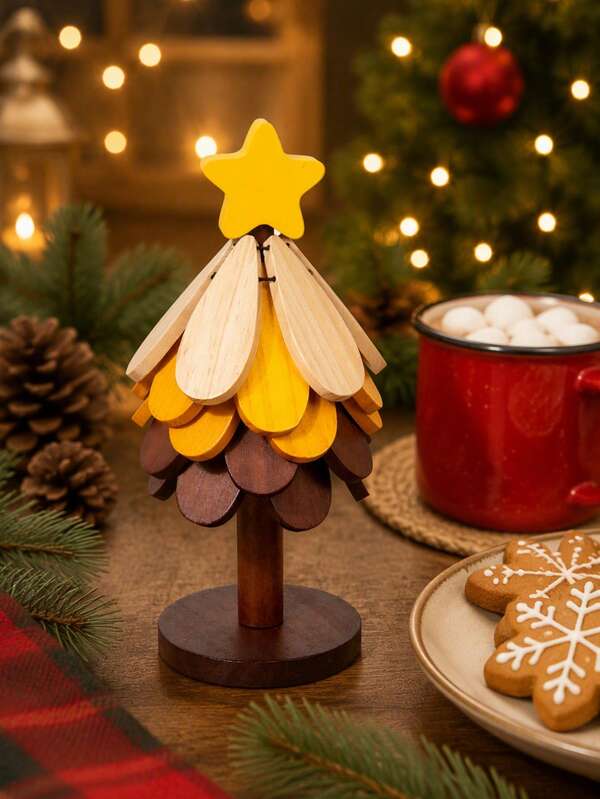 Wooden Christmas Tree Coaster Set With Yellow Star Topper, Heat Resistant Leaf Coasters For Drinks With Stand, Mini Xmas Tree Table Decor For Home Office, 2 In 1 Desktop Ornament, Unique Christmas Housewarming Gift