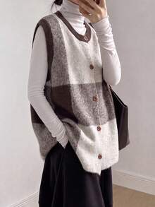 Women's Autumn/Winter Minimalist Casual Color Block Design Round Neck Sweater Cardigan Vest Fall - Rice Palm - View 3