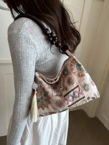 2026新款中式刺繡女款肩背包 百搭斜挎水桶包 時尚女包 - 粉色 - 查看 3