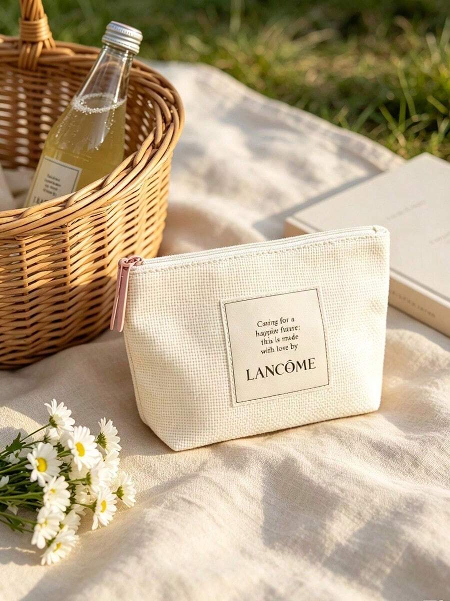 Lancôme 奶油白紋理厚帆布化妝包,無鉚釘布製拉環,便攜可折疊旅行化妝收納袋 LANCOME-GIFT-11 - 白色 - 查看 1