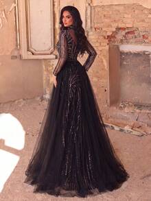 Elegant Long Sleeve High Neck Sequin Mermaid Evening Gown With Transparent Patchwork Design And Flowing Tulle Overlayer, Suitable For Photography, Formal Banquets, Red Carpet And Grand Events - Black - View 3