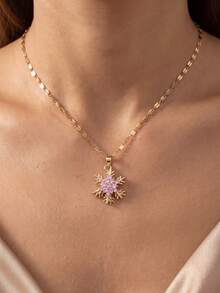 1pc/Double-Layer Rotatable Exquisite Fashion Women's Necklace, Gold Snowflake Zirconia Pendant Necklace, Fashionable Multicolor Inlaid Zirconia Chain Necklace For Women, Elegant Sparkling Zirconia Fashion Jewelry Necklace, Suitable For Christmas, Winter, Daily, Party Jewelry Gift - Yellow Gold - View 5